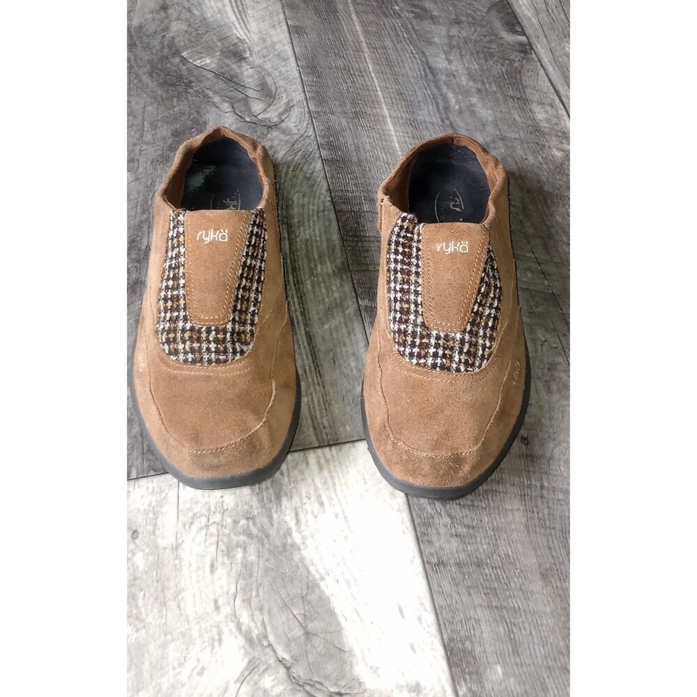 Ryka Women's 8.5 Tan Suede Freelance Mules With Tweed Panals